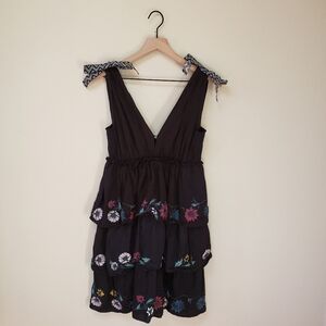 Anthropologie Red Carter Black Tiered Dress with Floral Embroidery